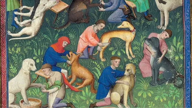Handlers tending several hounds in an archival manuscript illustration