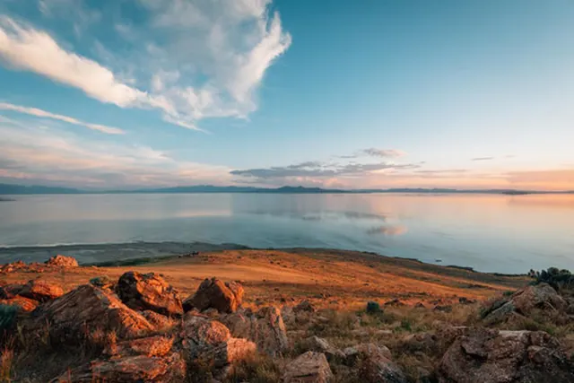 Great Salt Lake beneath a blue sky
