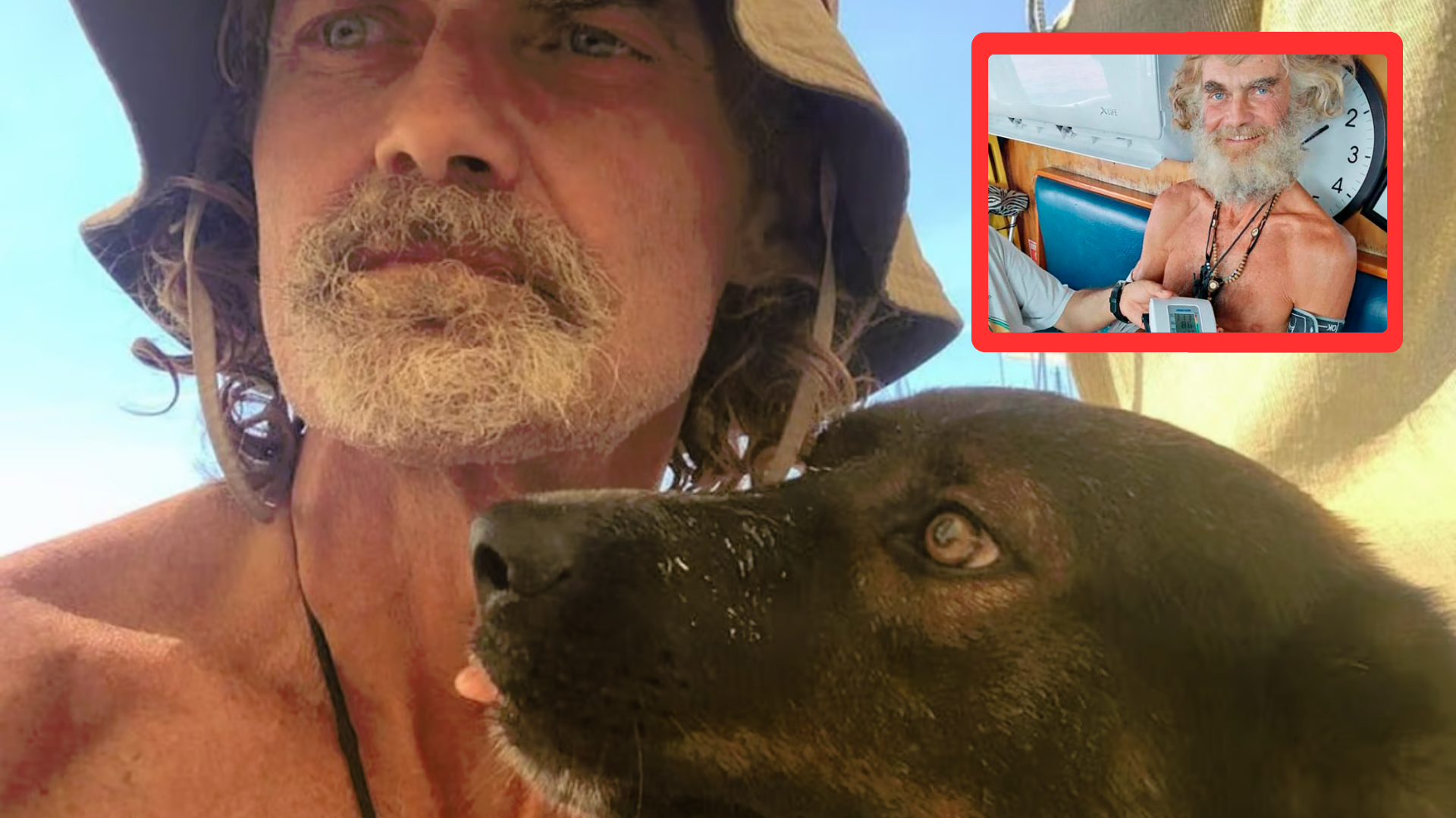 A collage showing Tim Shaddock with Bella and a smaller image of him aboard a vessel.